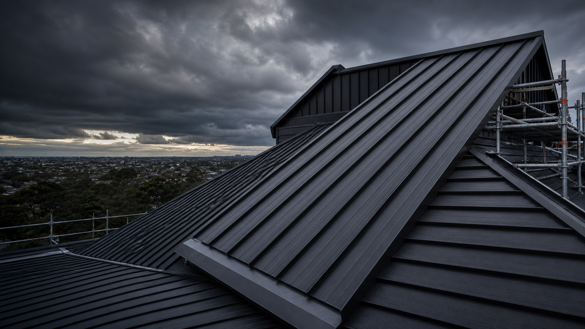 Dark long-run standing-seam metal roof under a dramatic grey sky with Auckland in the distance